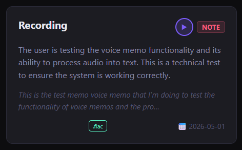 MusicCat Audio Notes tab showing transcribed voice memos