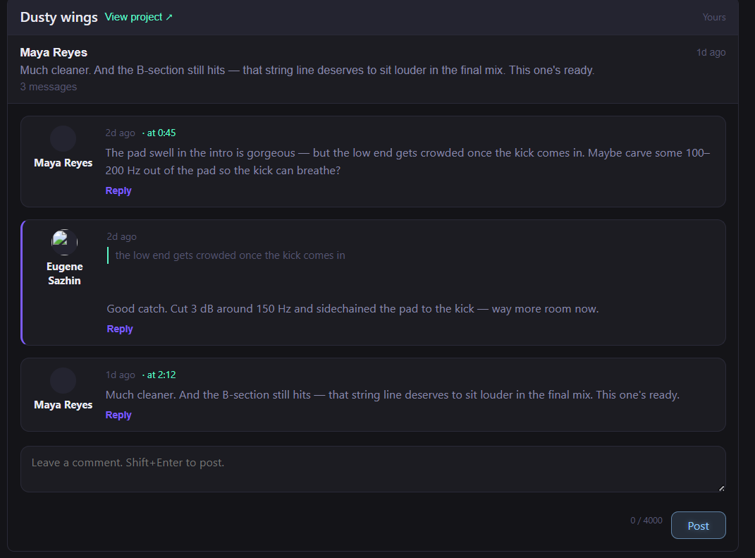 MusicCat conversation thread showing timestamped feedback and quoted replies on a track