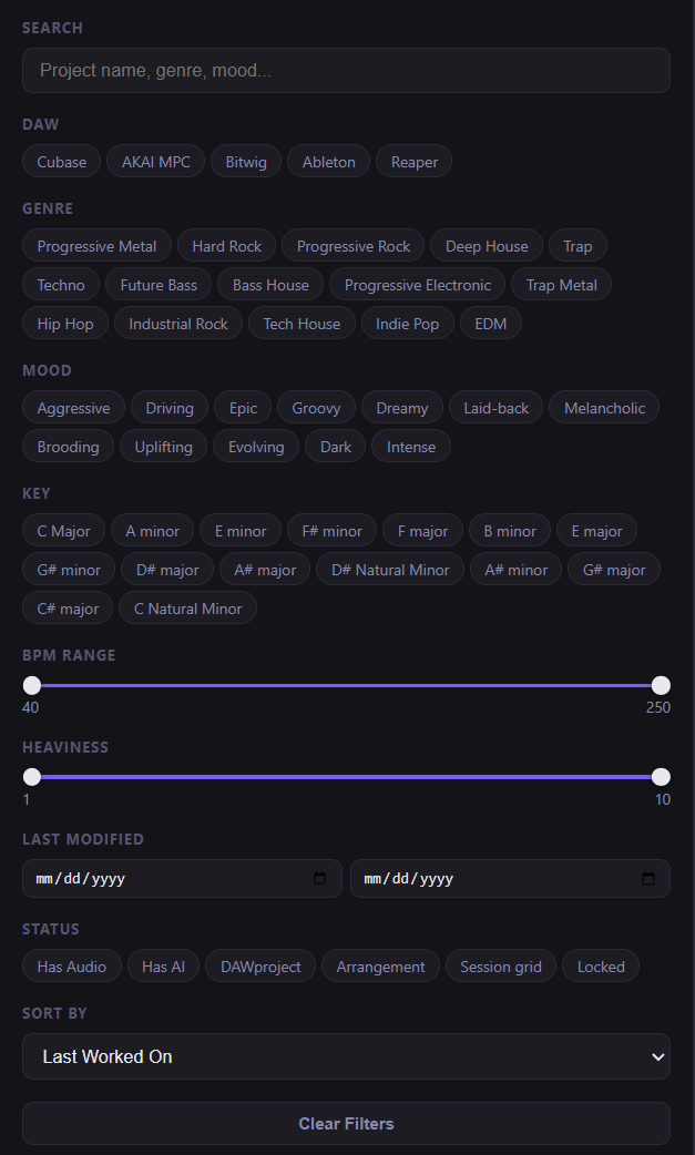 MusicCat filter sidebar with DAW, genre, mood, key, BPM range, heaviness, and status filters