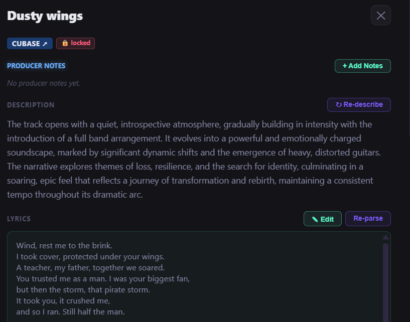 MusicCat modal showing transcribed lyrics with edit controls