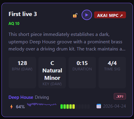 MusicCat project card showing BPM, key, duration, AI description and audio preview