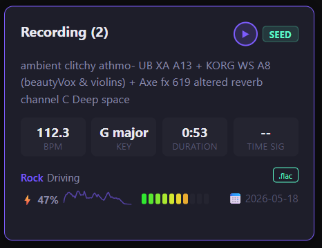 MusicCat Song Seeds tab showing short audio idea cards